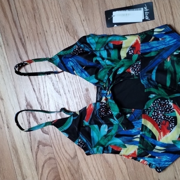 NWT Nasty Gal Swim | Tropical Print High Leg Cutout Swimsuit | Blue/Green Sz 4 - Picture 6 of 15